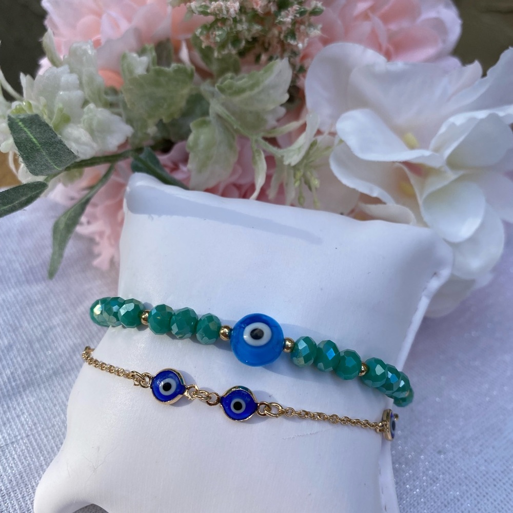 Set of 2 Crystal Beaded Turkey Evil Eye Bracelets for Women Bracelet Handmade